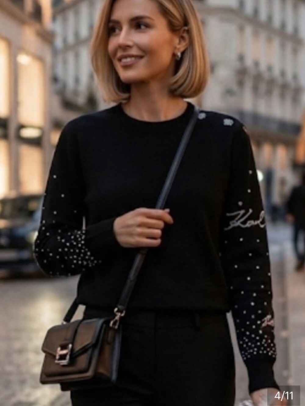 New Karl Lagerfield Black Embellished Long-Sleeve Knit Top - Women's